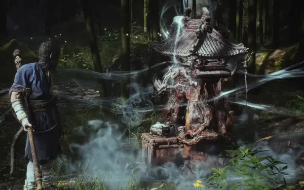 A stunning 4K Ultra HD wallpaper from the video game Black Myth: Wukong, showcasing a character beside a mystical structure surrounded by swirling smoke in a forest setting.
