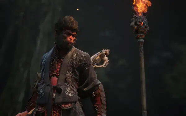 A detailed 4K Ultra HD wallpaper featuring a character from the video game Black Myth: Wukong, showcasing the figure with a torch and intricate attire.