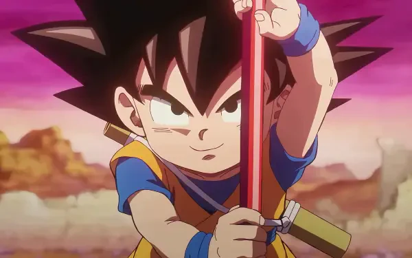 4K Ultra HD Dragon Ball DAIMA wallpaper featuring young Goku holding his staff against a vibrant, rocky landscape background.