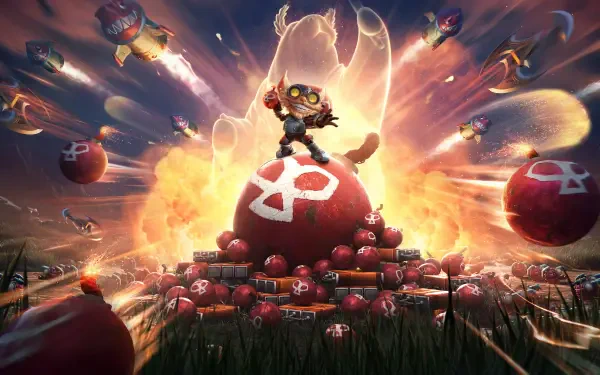 A vibrant 4K Ultra HD desktop wallpaper featuring Ziggs from League of Legends, showcasing his dynamic character and energetic design in a captivating video game scene.