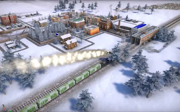 A scenic HD wallpaper from Railroad Corporation 2 features a train traversing a snowy landscape, surrounded by a charming town and evergreen trees, capturing the essence of winter gameplay.