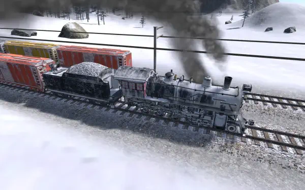 A HD desktop wallpaper featuring a steam locomotive pulling freight cars through a snowy landscape, capturing a scene from the video game Railroad Corporation 2.