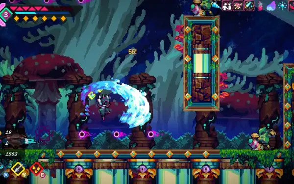 A vibrant HD PC desktop wallpaper featuring a character named Elsie engaging in an action-packed scene, surrounded by stylized mushrooms and intricate platforms in a mystical environment.