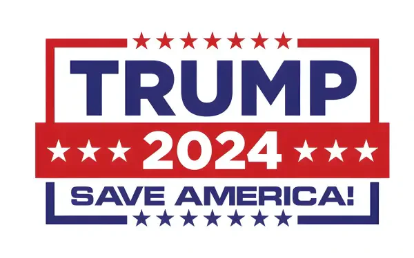 HD PC desktop wallpaper featuring bold Trump 2024 Save America! text with red, white, and blue colors and stars, reflecting MAGA themes.