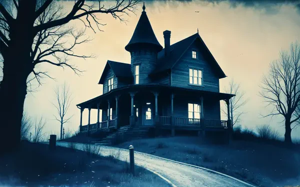 A hauntingly beautiful 4K Ultra HD wallpaper featuring a spooky house, silhouetted against a moody sky, with eerie glowing windows and a winding path leading to its entrance.