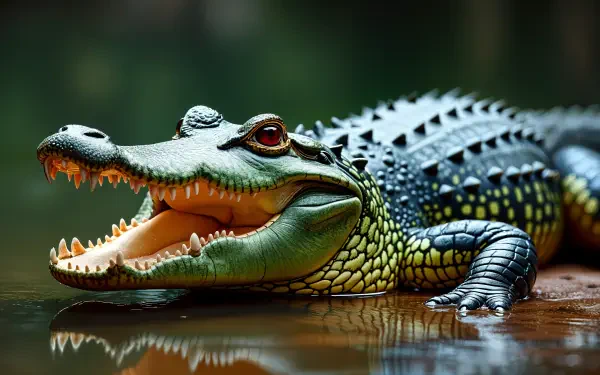 A vivid 4K Ultra HD desktop wallpaper featuring a crocodile resting by the water, showcasing its detailed scales and open mouth against a blurred natural background.