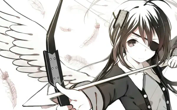 Anime-inspired HD wallpaper from The Gray Garden, featuring a character with wings, aiming a bow with determination amidst delicate feathers in the background.