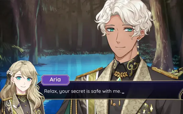 A scene from the video game Celestia: Chain of Fate, featuring two characters talking by a serene, blue-lit water background, showcasing the game's vibrant art style and narrative depth.