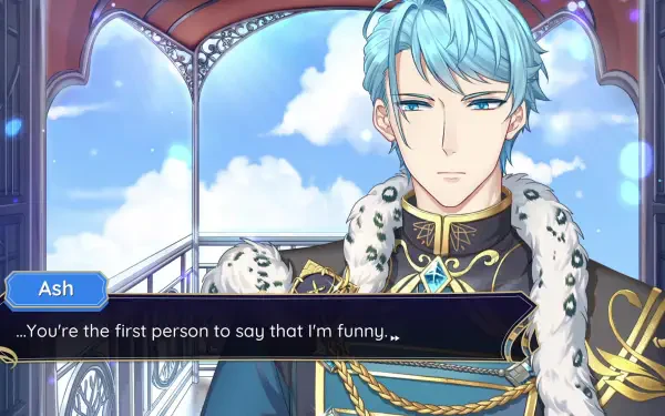 A character named Ash from the video game Celestia: Chain of Fate expresses surprise in a beautifully designed HD PC desktop wallpaper, set against a bright, cloud-filled sky.