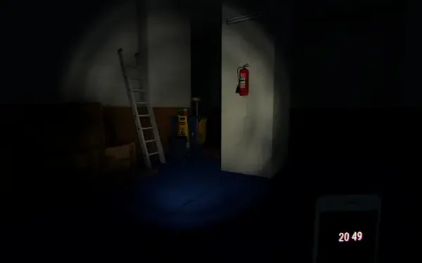 A dark, atmospheric scene from the video game Mannequin (2024), featuring a ladder and a fire extinguisher, creating a sense of mystery and tension. HD desktop wallpaper for immersive gaming.