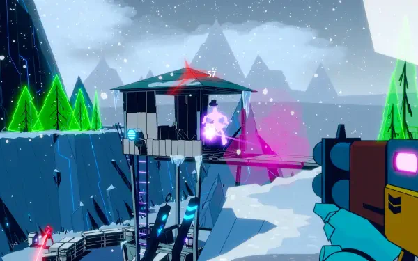 A vibrant HD wallpaper from the video game Wild Bastards, showcasing a snowy landscape with colorful structures and dynamic combat elements.