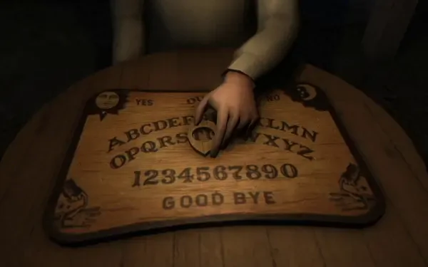A mysterious scene from the video game Fears to Fathom - Woodbury Getaway, featuring a hand poised over an ominous ouija board, set against a dark, atmospheric background.