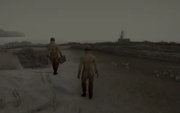 Two characters walk along a desolate landscape in a scene from the video game Hollowbody, set against a foggy, muted background. An atmospheric HD PC desktop wallpaper.