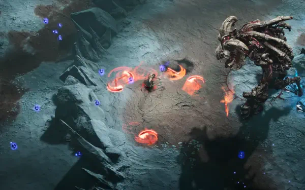 An action-packed scene from the video game Jotunnslayer: Hordes of Hel, featuring a character confronting a massive enemy amidst fiery spell effects in a dynamic, high-definition environment.