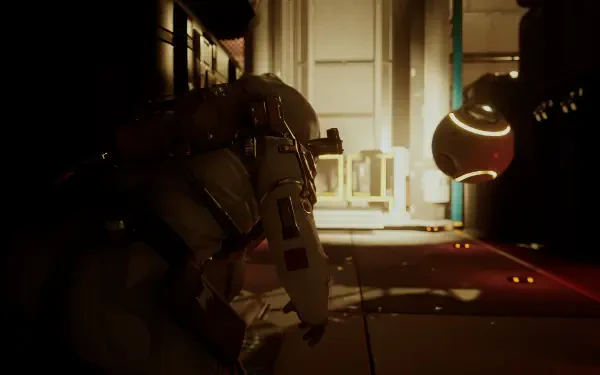 A dramatic HD wallpaper depicting a scene from the video game EVOTINCTION, featuring a crouched figure in a futuristic environment, illuminated by soft, ambient lighting.