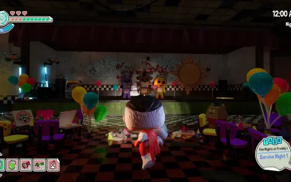 A vibrant HD PC desktop wallpaper featuring Funko Fusion characters in a festive, game-themed setting with balloons, colorful tables, and a stage with performing figures.