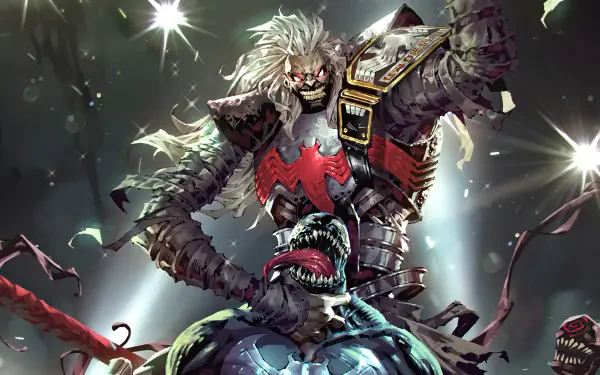 A dynamic Marvel Comics image featuring Knull, the menacing villain, dominating Venom in a dramatic, high-resolution comic style backdrop.