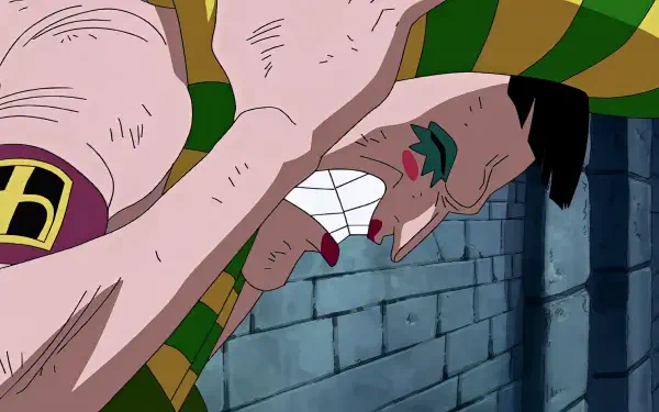 HD PC desktop wallpaper featuring Bentham from the anime One Piece in a dynamic pose against a stone wall background.