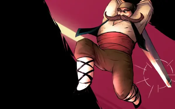 A dynamic HD wallpaper featuring a character from the video game Marko: Beyond Brave, showcasing a muscular figure with a mustache wielding a sword against a striking background.
