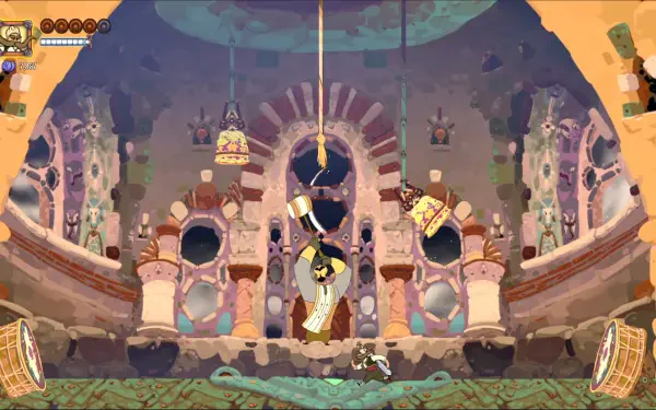 A vibrant HD wallpaper from the video game Marko: Beyond Brave, featuring a character navigating a colorful, intricately designed environment filled with bells and unique architecture.