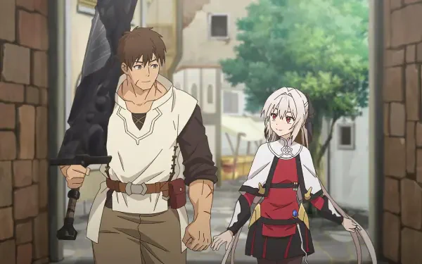 Anime-themed HD desktop wallpaper featuring two characters: a muscular man with a large sword and a young woman in a red outfit, walking together in a vibrant, lively setting.