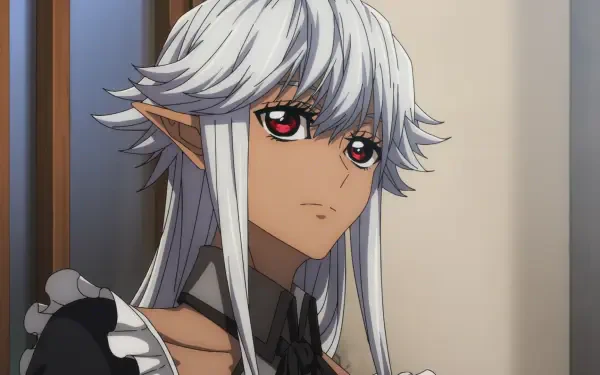 An HD desktop wallpaper featuring a character from the anime The Ossan Newbie Adventurer, showcasing an elf with striking white hair and captivating red eyes.