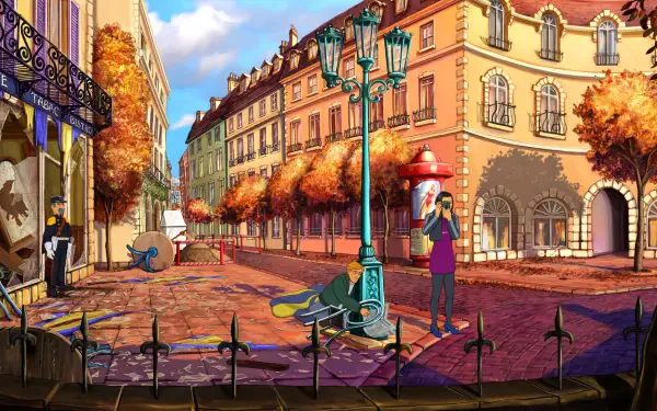 A vibrant street scene from the video game Broken Sword - Shadow of the Templars: Reforged, featuring colorful buildings, autumn trees, and characters exploring the lively setting.