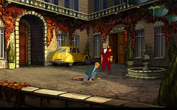 A vibrant HD wallpaper from the video game Broken Sword - Shadow of the Templars: Reforged, featuring a lush courtyard with a man inspecting a hole and a gentleman in red nearby.