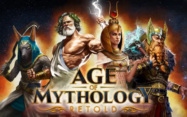 A dynamic HD wallpaper featuring iconic characters from Age of Mythology: Retold, showcasing mythological gods and warriors in a vibrant, action-packed design.