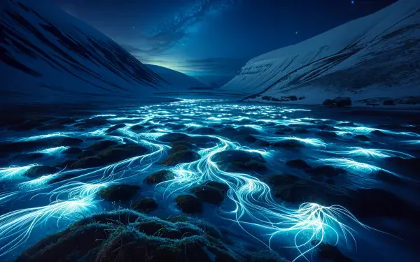 A glowing river winds through a night valley surrounded by mountains under a starry sky, captured in stunning 4K Ultra HD for a vivid night landscape wallpaper.