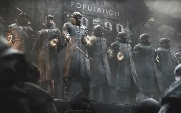 A powerful HD wallpaper from Frostpunk 2, featuring a group of imposing figures in dark uniforms, standing in front of a population sign, enveloped in a moody, dystopian atmosphere.