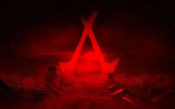 Assassin's Creed Shadows logo in glowing red against a dark, smoky background, designed as an HD PC desktop wallpaper and background.