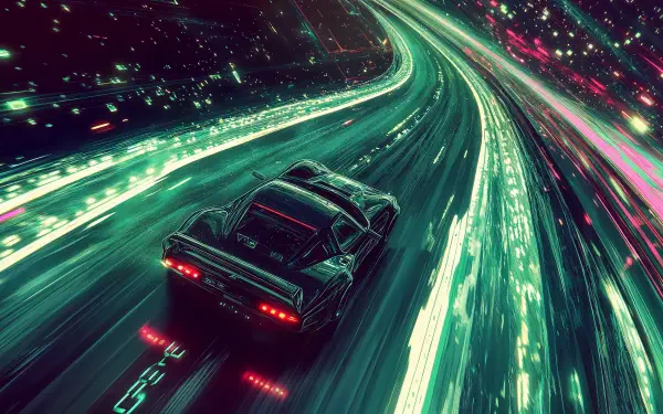 A sleek sci-fi vehicle speeds down a glowing road, surrounded by vibrant neon lights and a dynamic digital landscape, showcased in stunning 4K Ultra HD.