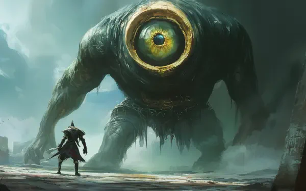 A captivating 4K Ultra HD fantasy scene featuring a towering cyclops from mythology, facing a lone warrior in a mystical landscape shrouded in fog.