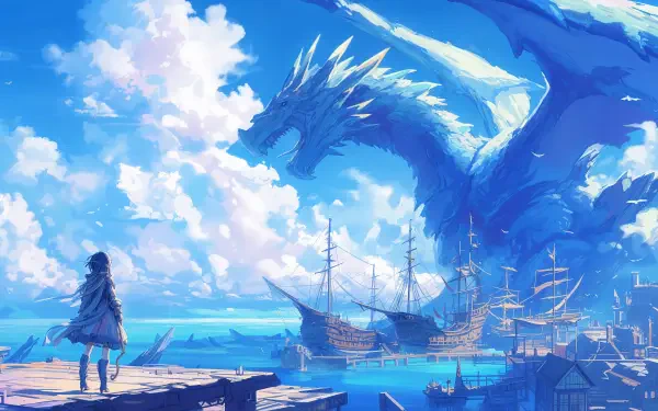 A stunning 4K Ultra HD anime wallpaper depicting a majestic dragon soaring over ships in a vibrant, fantastical seascape under a blue sky filled with clouds.