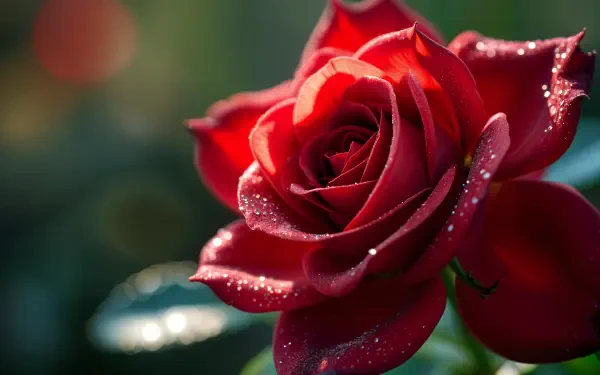 A stunning red rose with droplets glistening on its petals, set against a soft-focus green background. A vibrant 4K Ultra HD wallpaper for PC desktops.