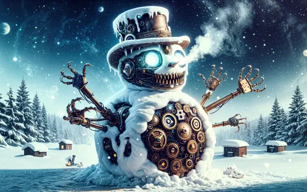 A whimsical steampunk snowman stands in a snowy landscape, adorned with mechanical details and glowing eyes, creating a striking 4K Ultra HD wallpaper for any desktop.