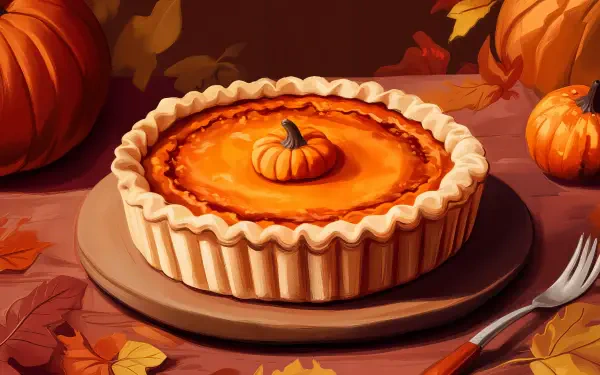 A beautifully styled pumpkin pie sits on a wooden plate, surrounded by autumn leaves and small pumpkins, captured in vibrant detail for 4K Ultra HD desktop wallpaper.