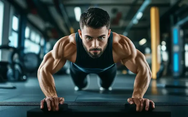 A muscular man performs push-ups in a modern fitness training environment, captured in 4K Ultra HD quality, showcasing intensity and dedication.