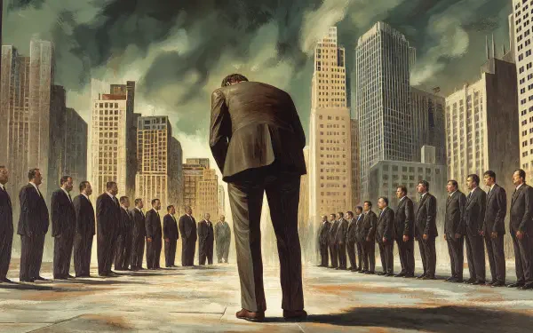 A solitary businessman in a suit looks down amidst a sea of identical figures in suits, set against a backdrop of towering skyscrapers, capturing themes of corporatism in a striking 4K image.