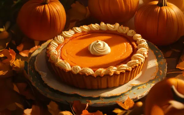 A beautifully crafted pumpkin pie topped with whipped cream sits on a plate, surrounded by pumpkins and autumn leaves, creating a warm fall atmosphere. 4K Ultra HD desktop wallpaper.