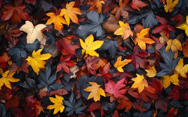 A vibrant 4K Ultra HD wallpaper featuring a colorful array of autumn leaves in shades of red, yellow, and orange, beautifully scattered on a dark background.