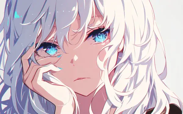 A stunning anime artwork featuring a character with long, flowing white hair and striking blue eyes, designed as a 4K Ultra HD PC desktop wallpaper and background.