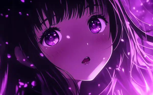 A captivating anime girl with deep purple eyes and flowing dark hair, surrounded by a swirl of purple light, serves as a stunning 4K Ultra HD wallpaper and background.