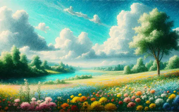 A serene landscape featuring vibrant flowers, lush trees, and a tranquil river under a bright sky, capturing a soft aesthetic in this stunning 4K Ultra HD wallpaper.