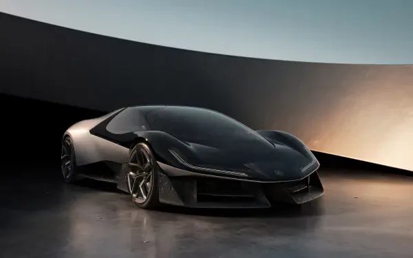 A sleek black Lotus Theory 1 car displayed against a minimalist background, captured in stunning 4K Ultra HD, showcasing its aerodynamic design and modern aesthetics.