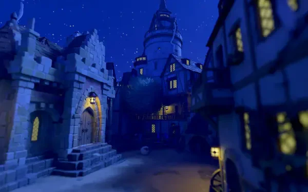 A tranquil night scene from the video game Tiny Glade, featuring charming buildings and a starry sky, served as an HD PC desktop wallpaper and background.