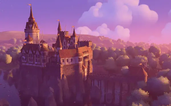 A captivating HD wallpaper featuring a whimsical castle set in the enchanting world of the video game Tiny Glade, surrounded by lush trees and a serene sky.