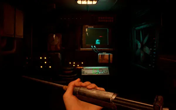 A dark, atmospheric HD desktop wallpaper from the video game Zoochosis, featuring a hand holding a weapon in a mysterious, tech-filled environment.