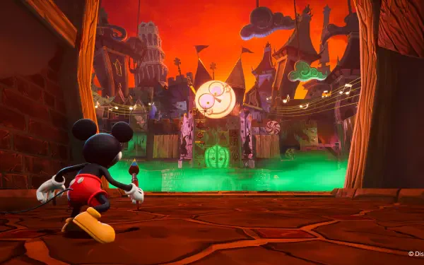 Mickey Mouse stands before a vibrant, surreal landscape in Disney Epic Mickey: Rebrushed, showcasing a striking 4K Ultra HD visual experience filled with whimsical elements.